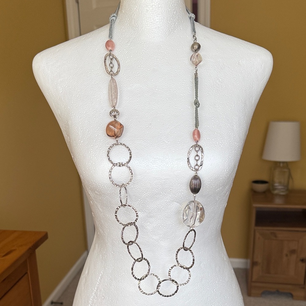 Long Pink and Silver Beaded Link Necklace